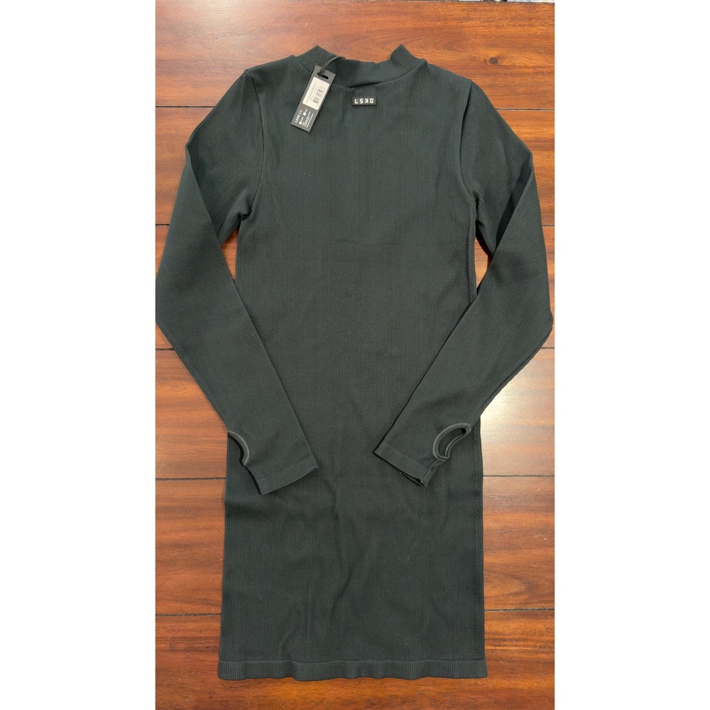 LSKD Minimal‎ Ribbed Seamless Dress Dark Forest Green Quarter Zip Size L NEW NWT - Picture 3 of 14